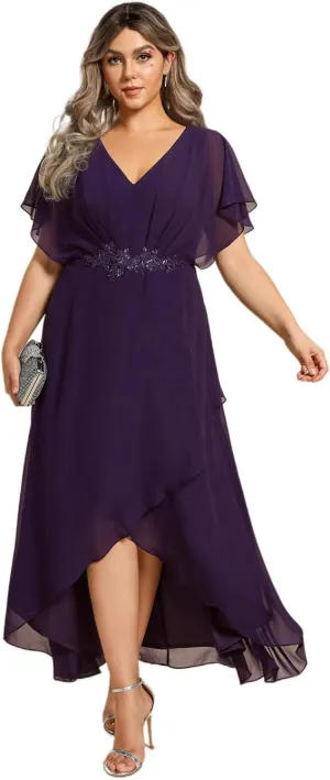 Ever-Pretty Women's Plus V Neck Applique Short Sleeves Maxi Formal Wedding Guest Dress