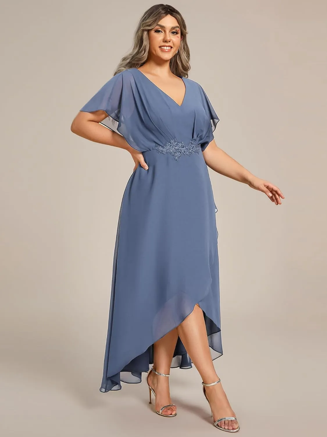 Ever-Pretty Women's Plus V Neck Applique Short Sleeves Maxi Formal Wedding Guest Dress