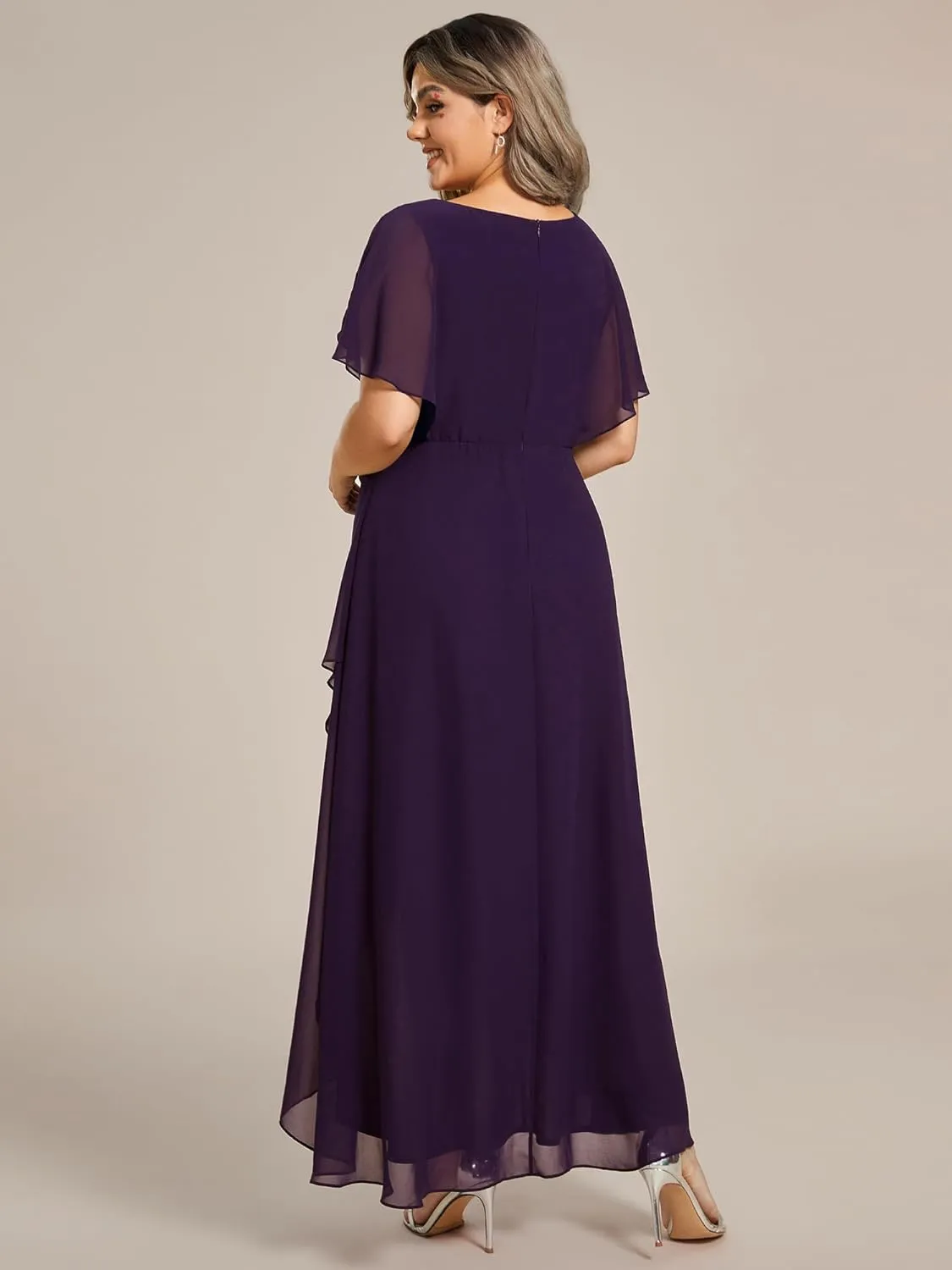 Ever-Pretty Women's Plus V Neck Applique Short Sleeves Maxi Formal Wedding Guest Dress