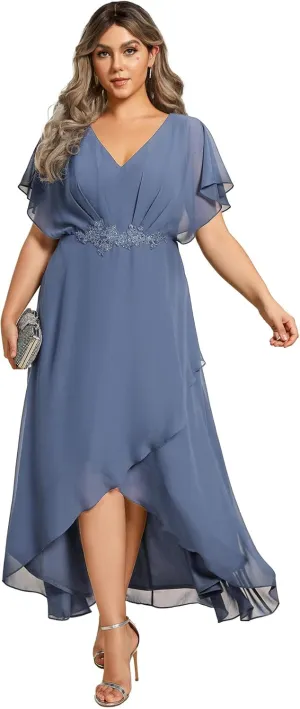Ever-Pretty Women's Plus V Neck Applique Short Sleeves Maxi Formal Wedding Guest Dress