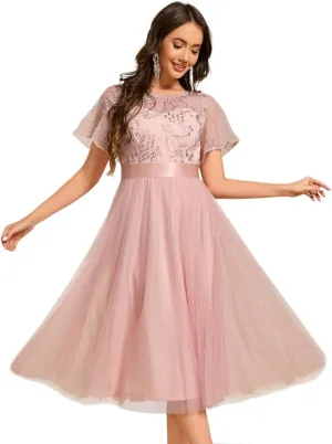 Ever-Pretty Women's Round Neck Lace Embroidered Short Sleeve A Line Tea-Length Cocktail Dress 02293