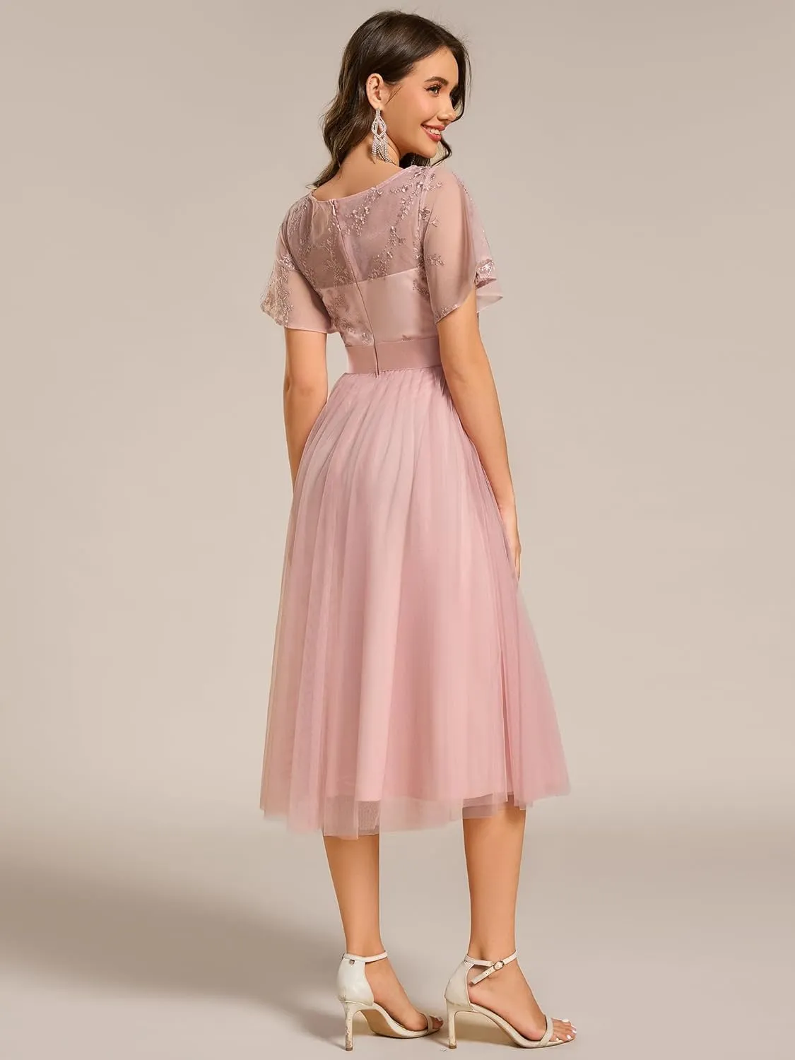 Ever-Pretty Women's Round Neck Lace Embroidered Short Sleeve A Line Tea-Length Cocktail Dress 02293