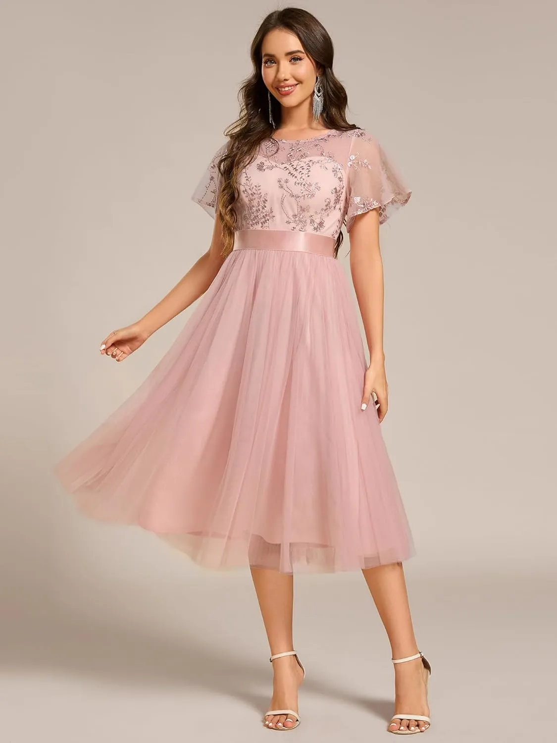 Ever-Pretty Women's Round Neck Lace Embroidered Short Sleeve A Line Tea-Length Cocktail Dress 02293