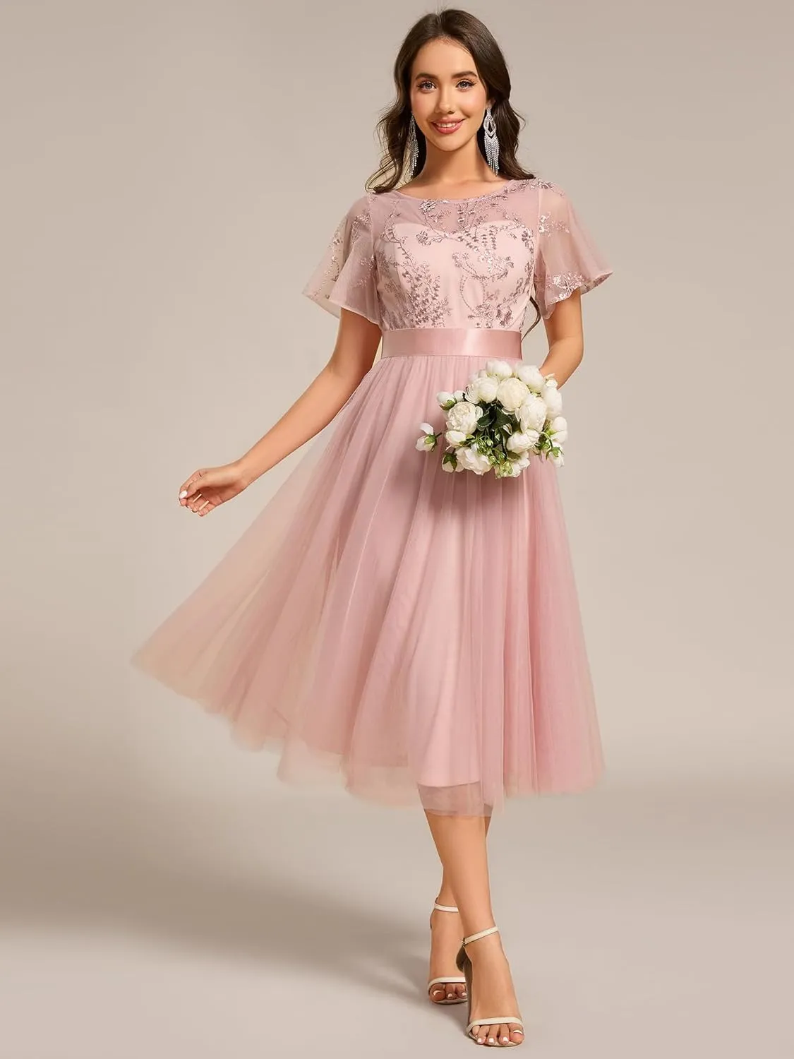 Ever-Pretty Women's Round Neck Lace Embroidered Short Sleeve A Line Tea-Length Cocktail Dress 02293