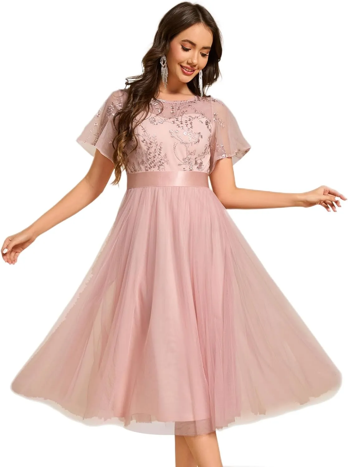 Ever-Pretty Women's Round Neck Lace Embroidered Short Sleeve A Line Tea-Length Cocktail Dress 02293