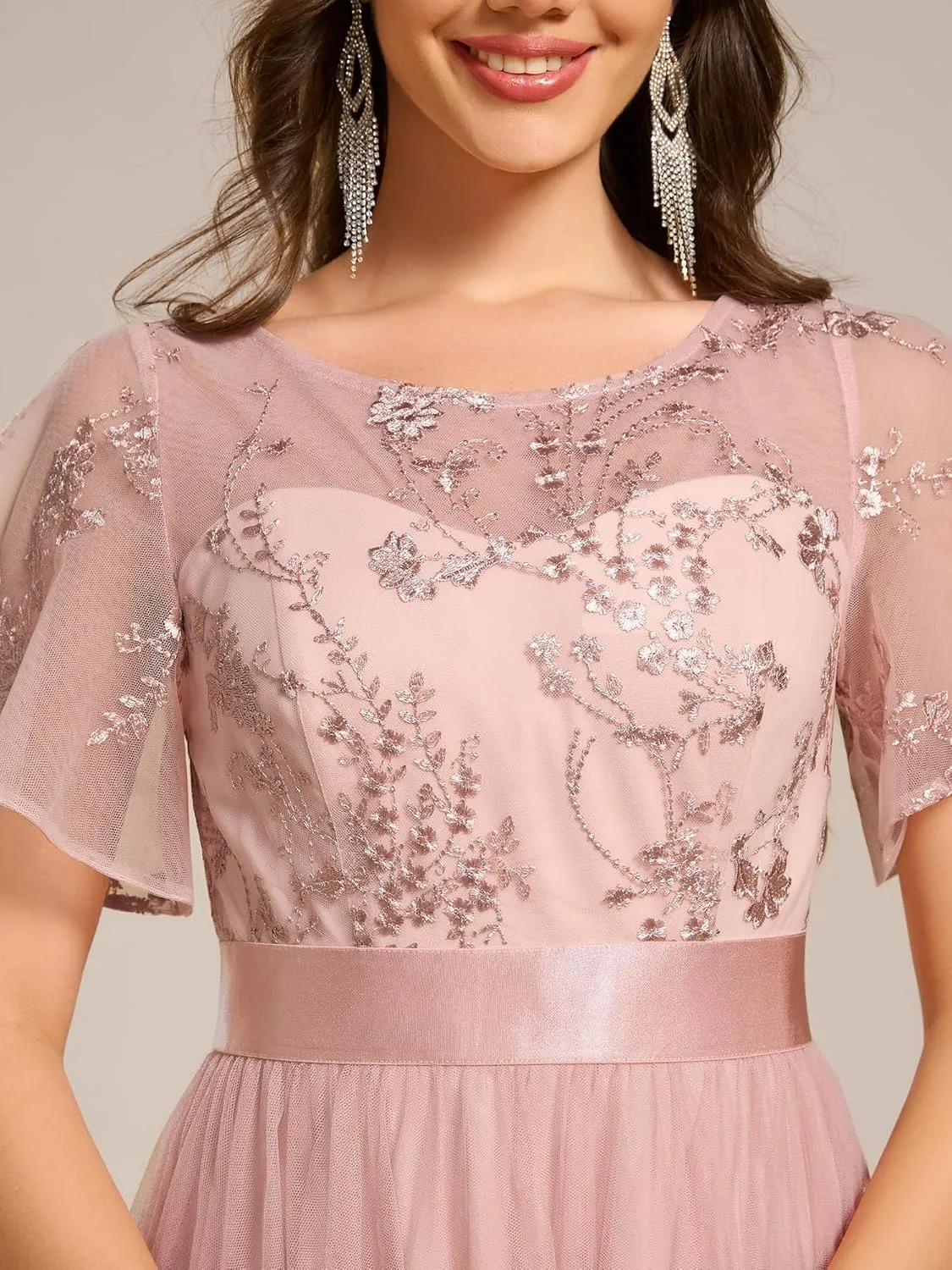 Ever-Pretty Women's Round Neck Lace Embroidered Short Sleeve A Line Tea-Length Cocktail Dress 02293