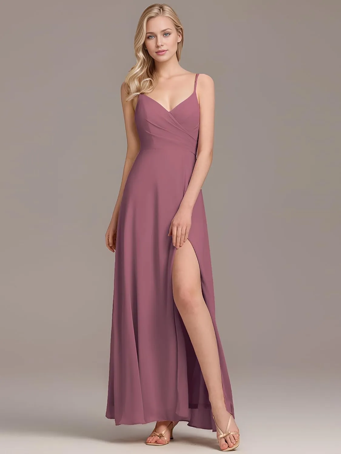 Ever-Pretty Women's Sexy Side Slit V Neck Spaghetti Straps Chiffon A Line Bridesmaid Dress 0128B-PH