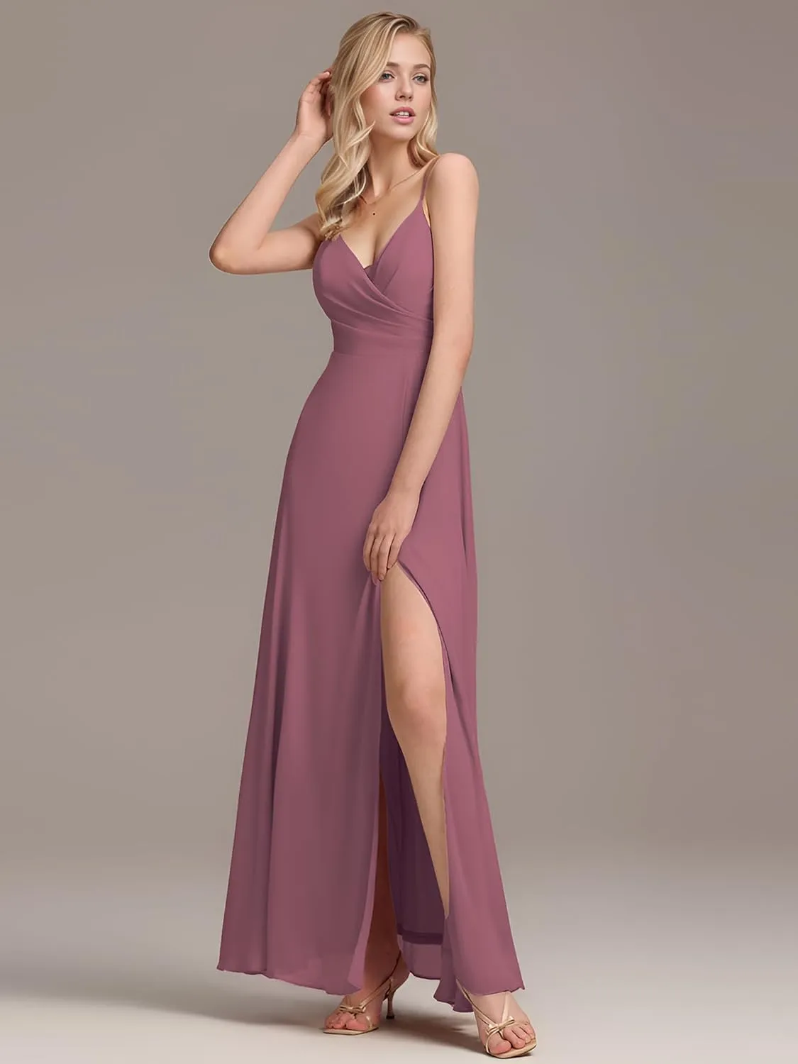 Ever-Pretty Women's Sexy Side Slit V Neck Spaghetti Straps Chiffon A Line Bridesmaid Dress 0128B-PH