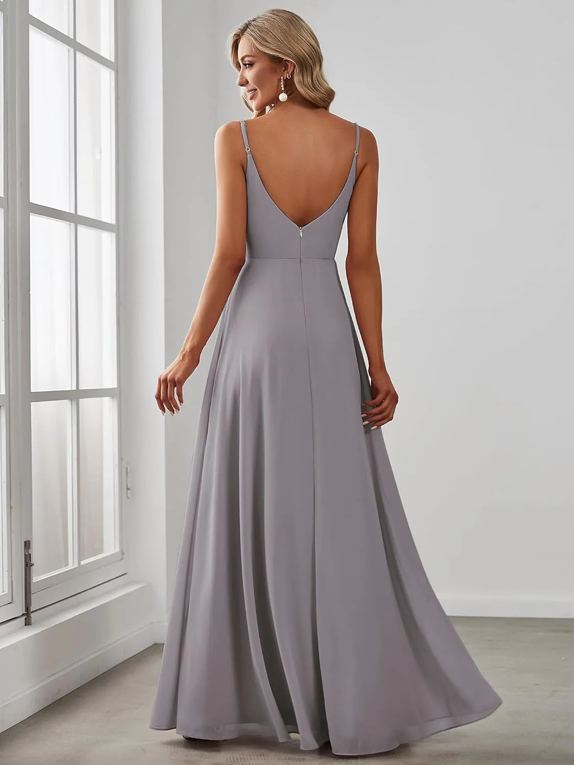 Ever-Pretty Women's Sexy Spaghetti Straps Chiffon Ruched V-Neck Slit Floor-Length Formal Dress