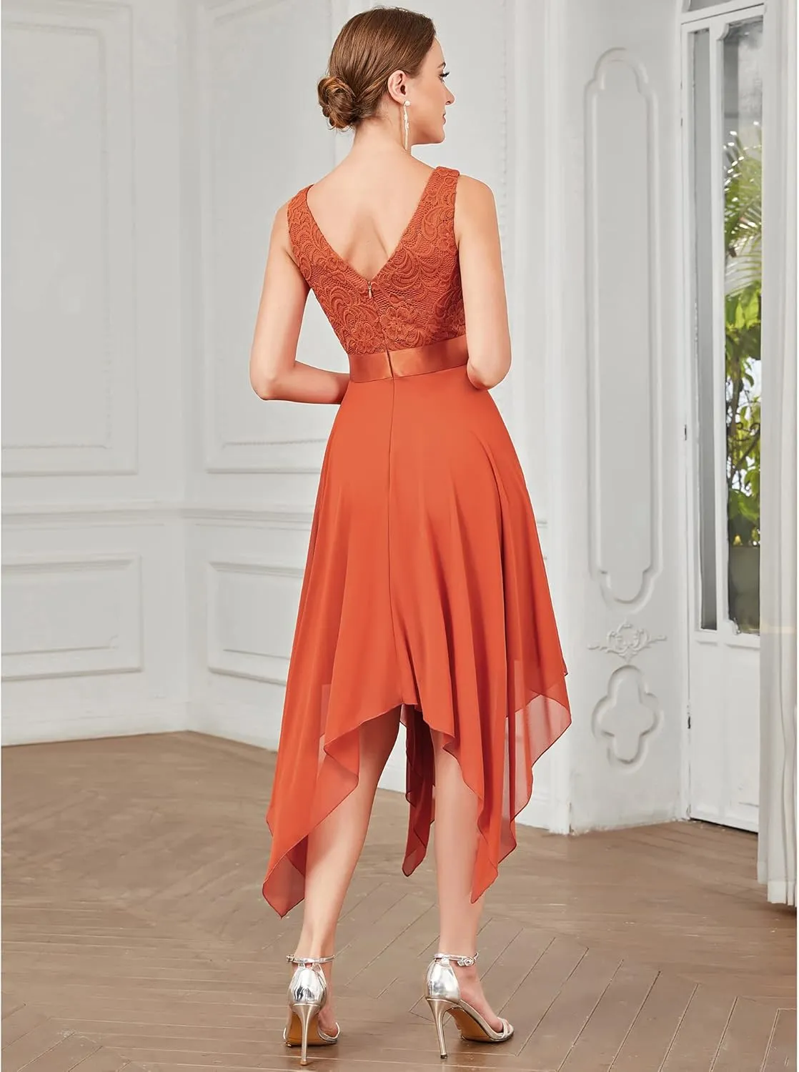 Ever-Pretty Women's Sexy V Neck Empire Waist Sleeveless Lace Chiffon Hi-Lo Cocktail Dress 00207-PH