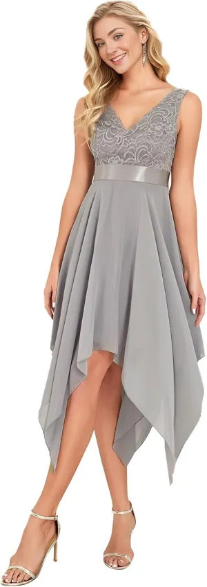 Ever-Pretty Women's Sexy V Neck Empire Waist Sleeveless Lace Chiffon Hi-Lo Cocktail Dress 00207-PH