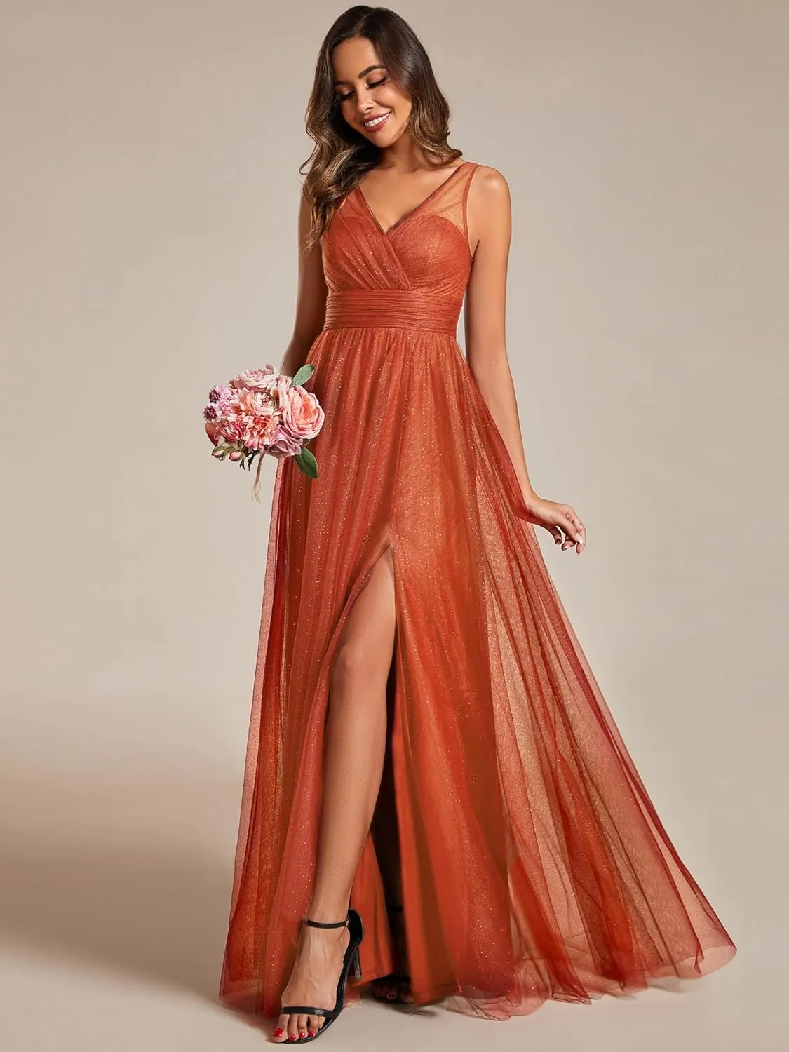 Ever-Pretty Women's Sleeveless V Neck A Line Glitter Floor Length Split Formal Dresses S0014