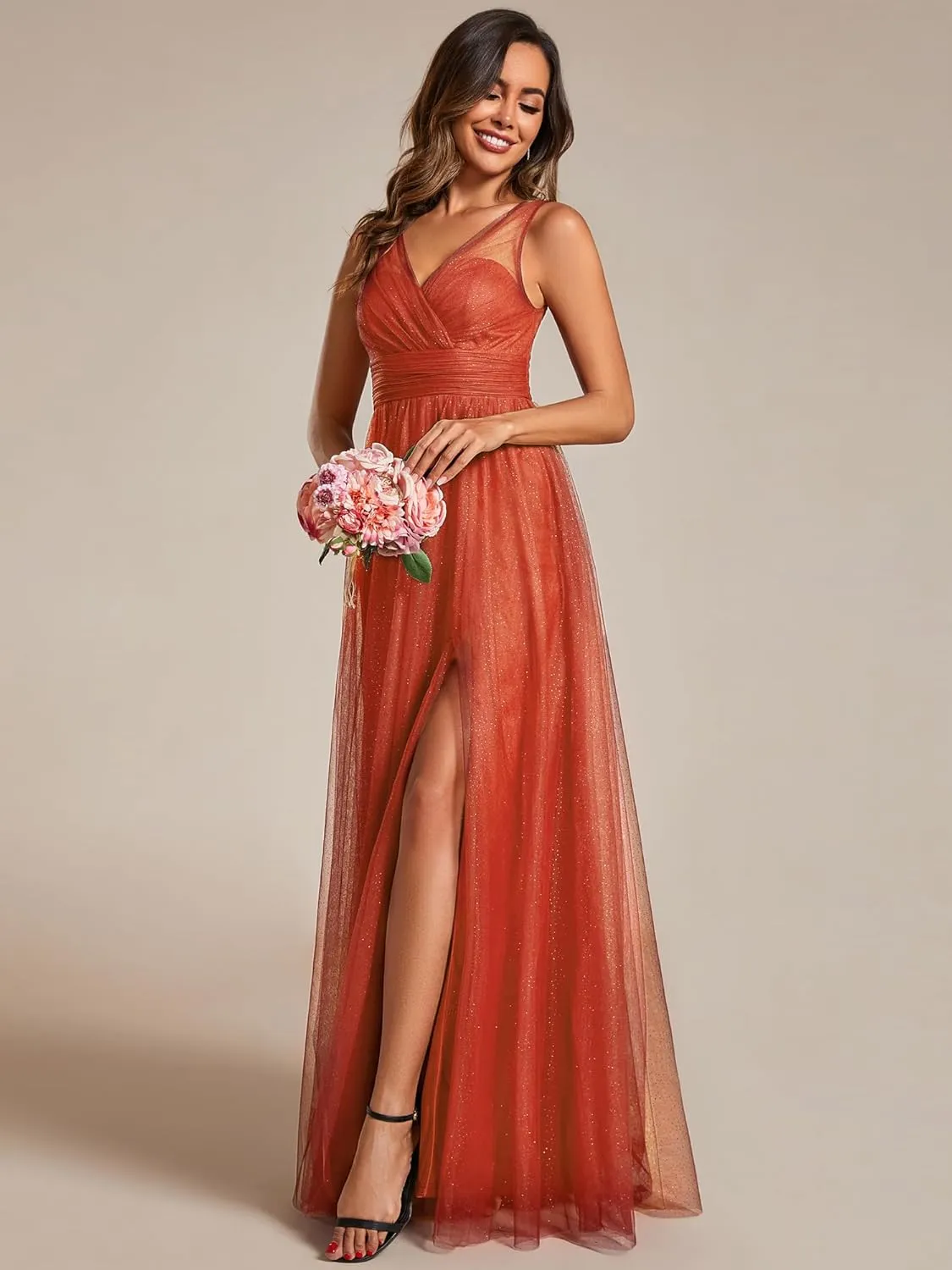 Ever-Pretty Women's Sleeveless V Neck A Line Glitter Floor Length Split Formal Dresses S0014