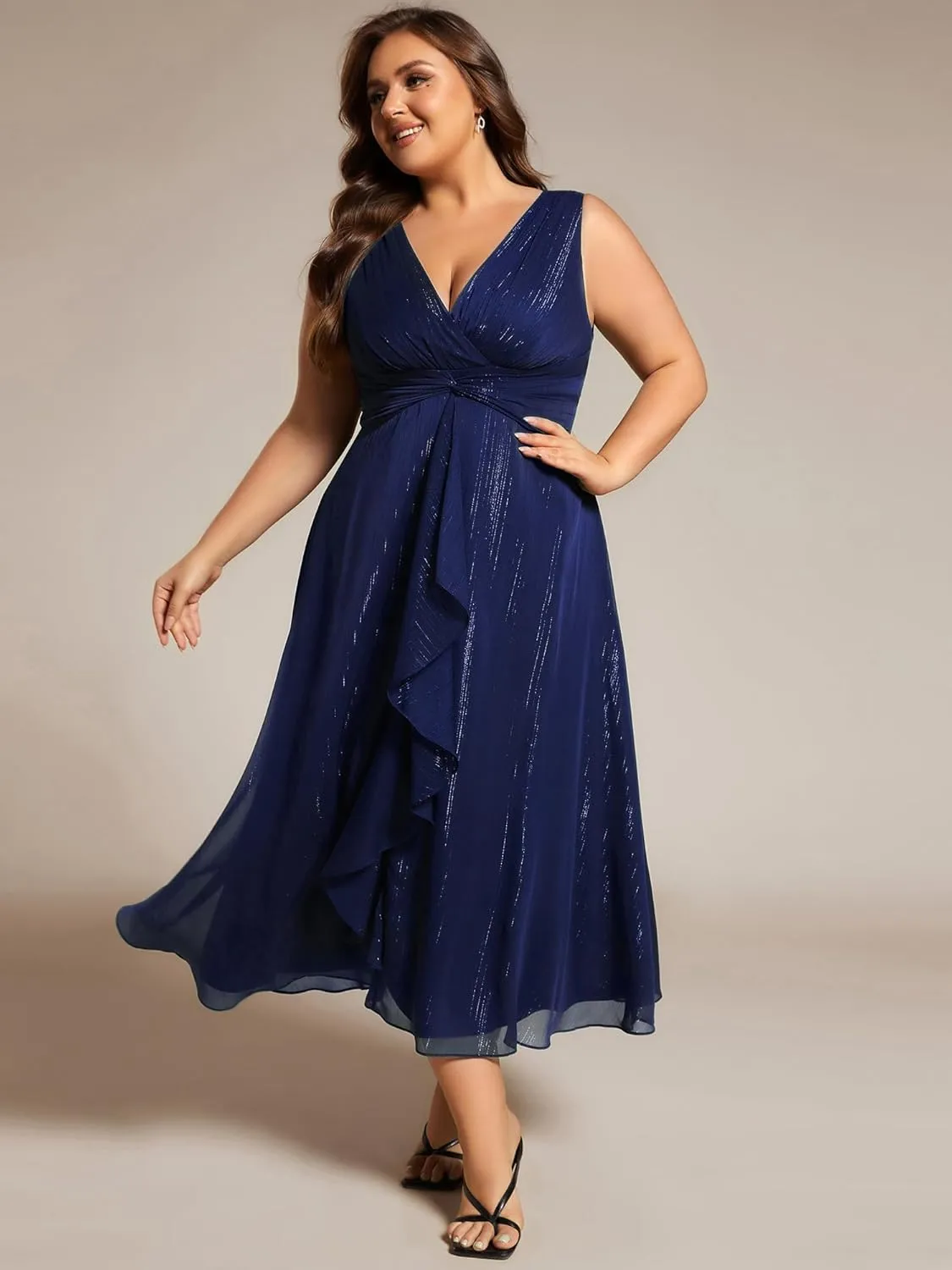 Ever-Pretty Women's Sleeveless V Neck A Line Pleated Plus Size Tea Length Wedding Guest Dresses 11977-DA