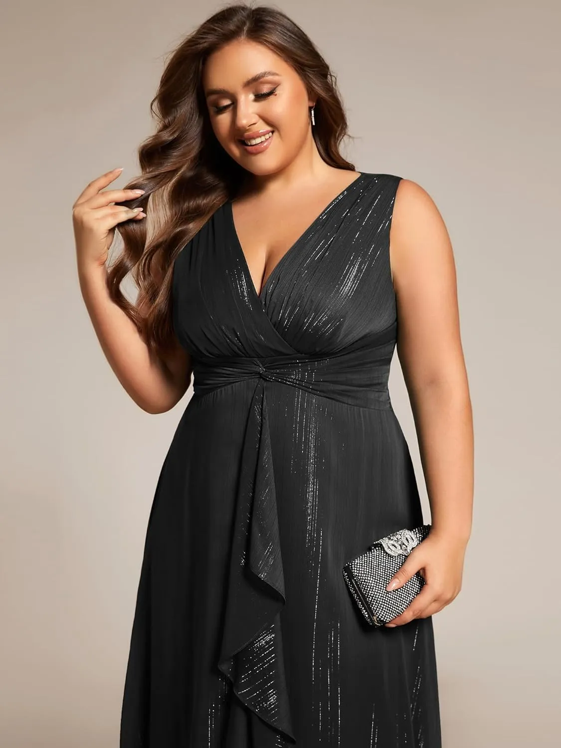 Ever-Pretty Women's Sleeveless V Neck A Line Pleated Plus Size Tea Length Wedding Guest Dresses 11977-DA