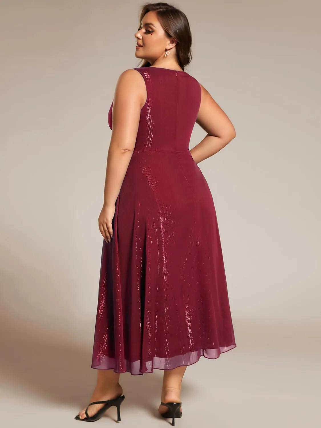 Ever-Pretty Women's Sleeveless V Neck A Line Pleated Plus Size Tea Length Wedding Guest Dresses 11977-DA