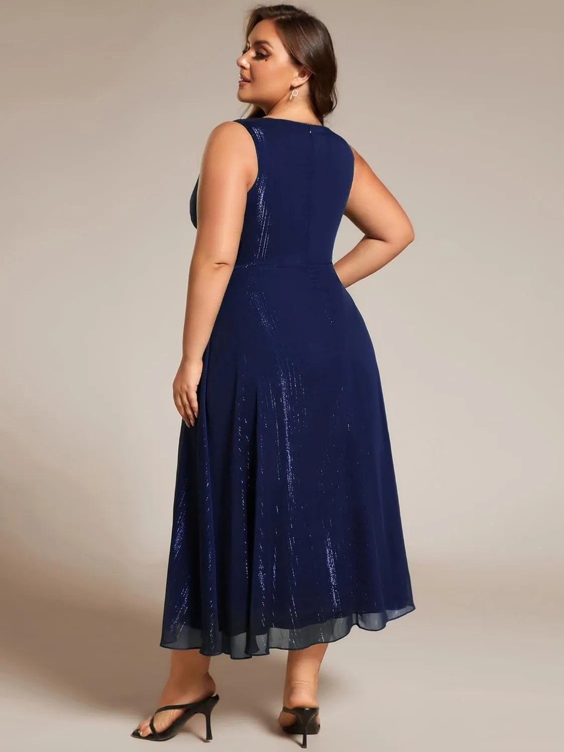 Ever-Pretty Women's Sleeveless V Neck A Line Pleated Plus Size Tea Length Wedding Guest Dresses 11977-DA