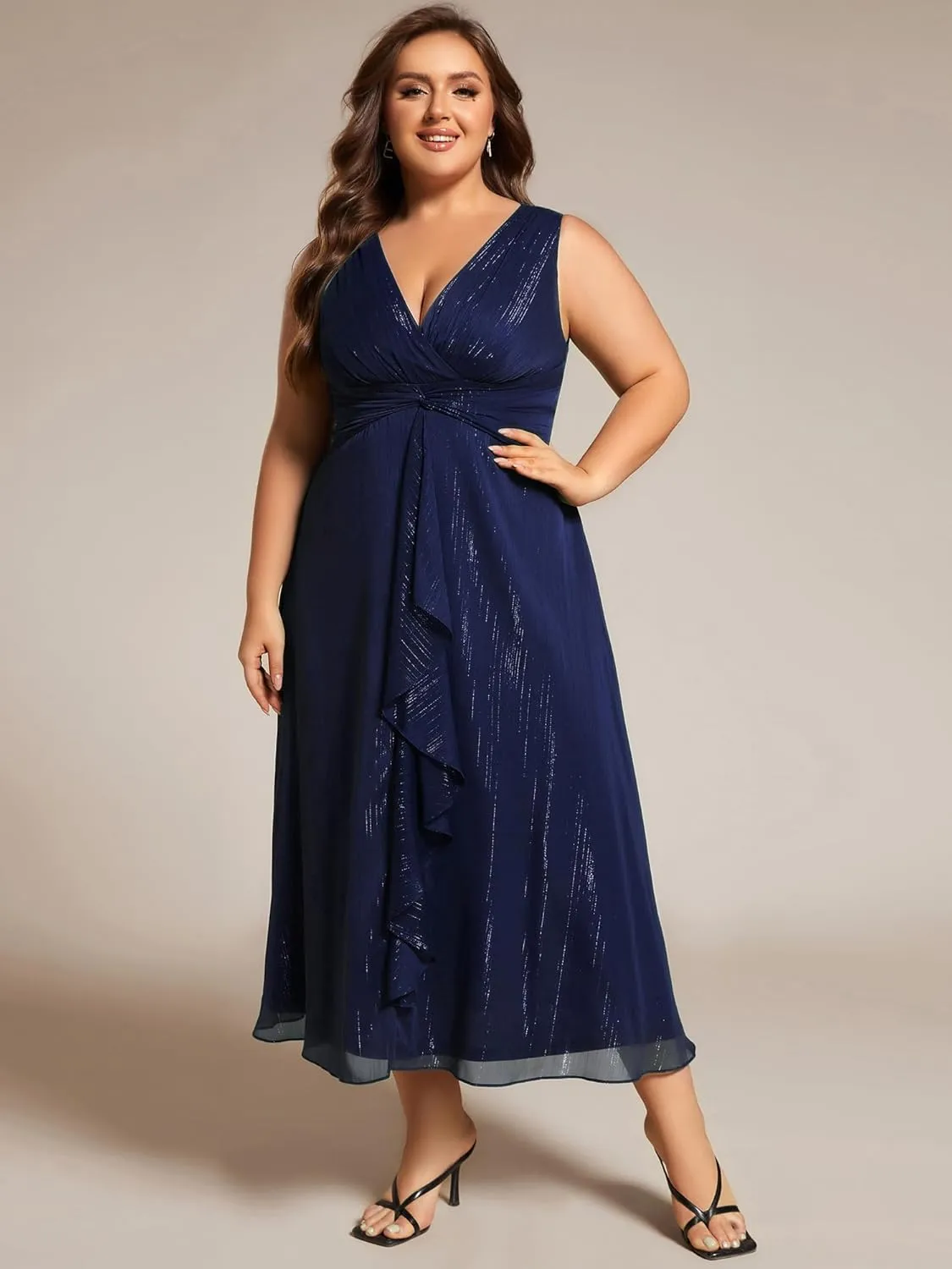 Ever-Pretty Women's Sleeveless V Neck A Line Pleated Plus Size Tea Length Wedding Guest Dresses 11977-DA