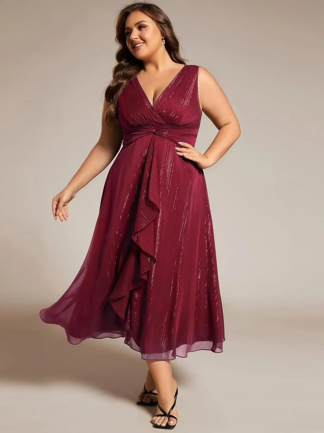 Ever-Pretty Women's Sleeveless V Neck A Line Pleated Plus Size Tea Length Wedding Guest Dresses 11977-DA