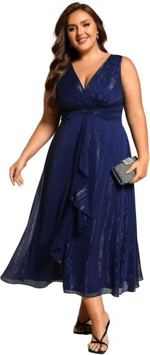 Ever-Pretty Women's Sleeveless V Neck A Line Pleated Plus Size Tea Length Wedding Guest Dresses 11977-DA
