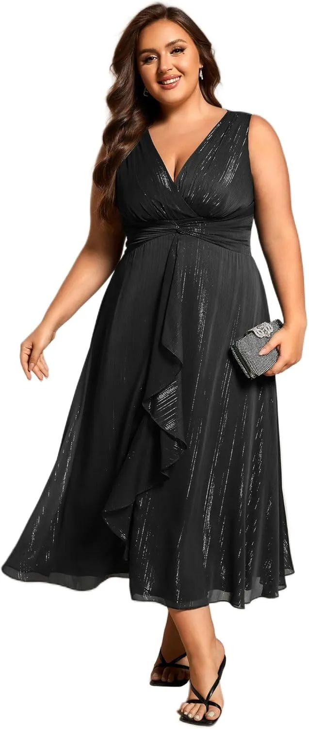 Ever-Pretty Women's Sleeveless V Neck A Line Pleated Plus Size Tea Length Wedding Guest Dresses 11977-DA