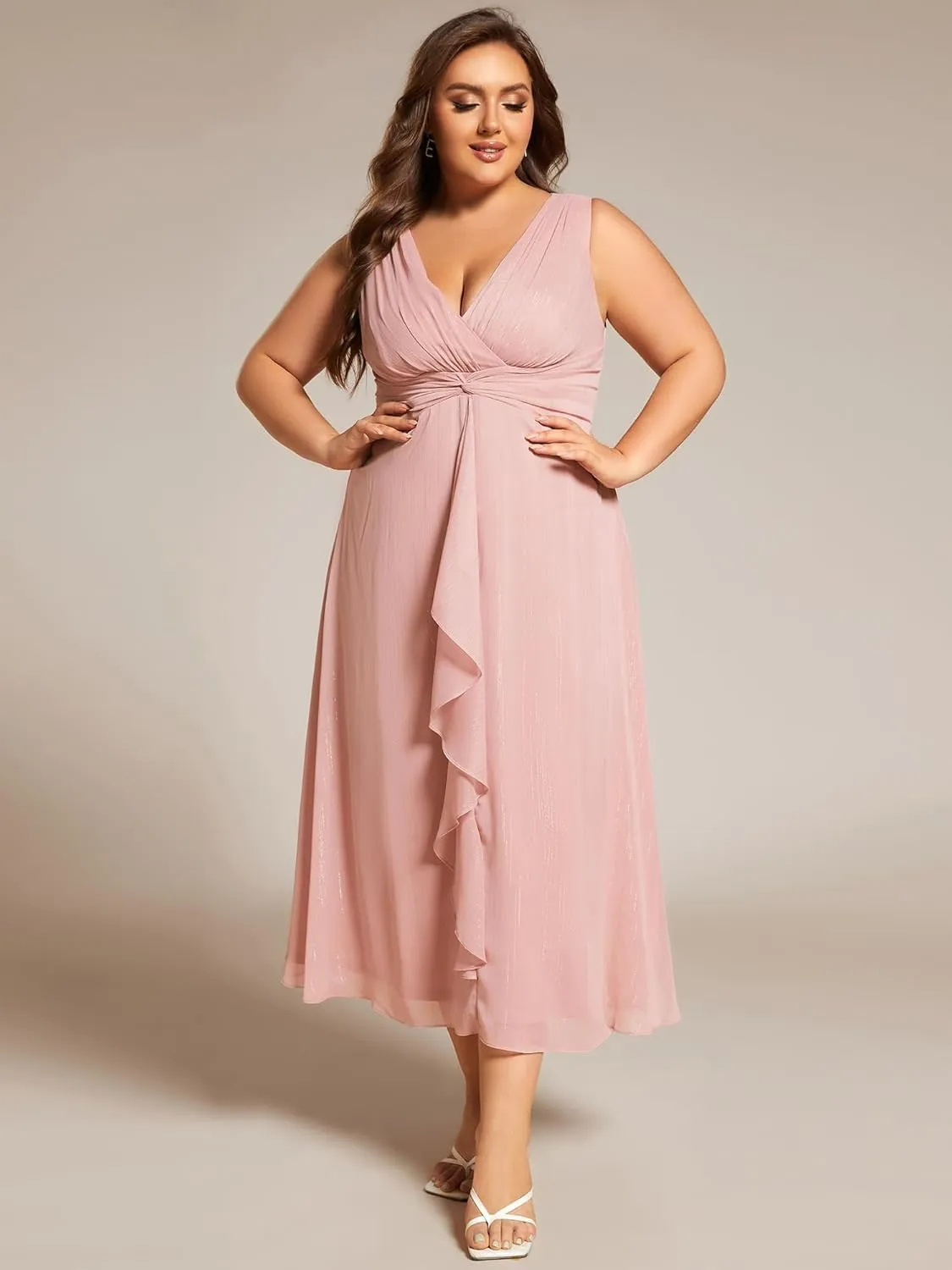 Ever-Pretty Women's Sleeveless V Neck A Line Pleated Plus Size Tea Length Wedding Guest Dresses 11977-DA