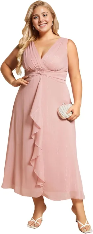 Ever-Pretty Women's Sleeveless V Neck A Line Pleated Plus Size Tea Length Wedding Guest Dresses 11977-DA