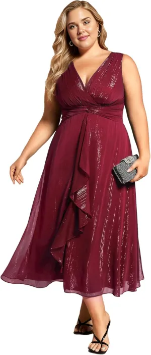 Ever-Pretty Women's Sleeveless V Neck A Line Pleated Plus Size Tea Length Wedding Guest Dresses 11977-DA