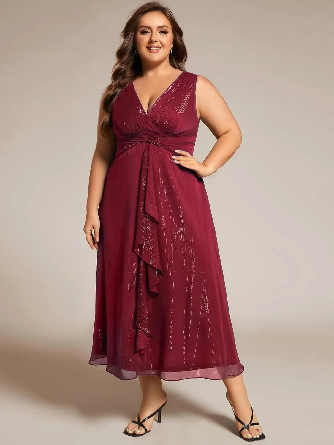 Ever-Pretty Women's Sleeveless V Neck A Line Pleated Plus Size Tea Length Wedding Guest Dresses 11977-DA