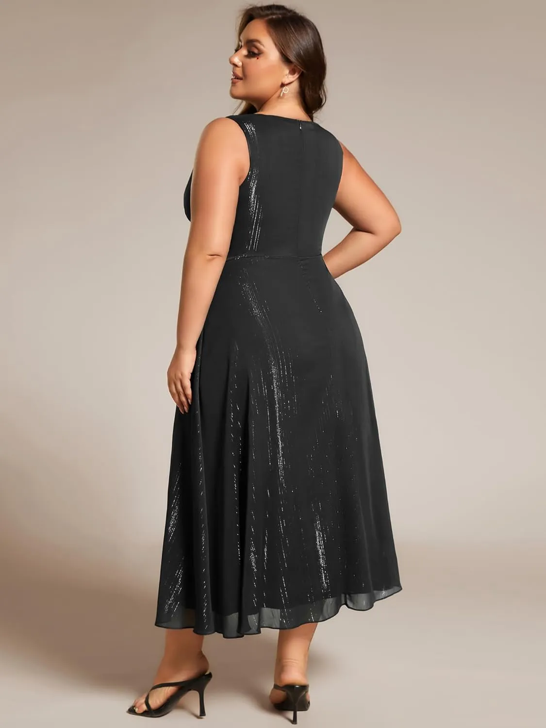 Ever-Pretty Women's Sleeveless V Neck A Line Pleated Plus Size Tea Length Wedding Guest Dresses 11977-DA