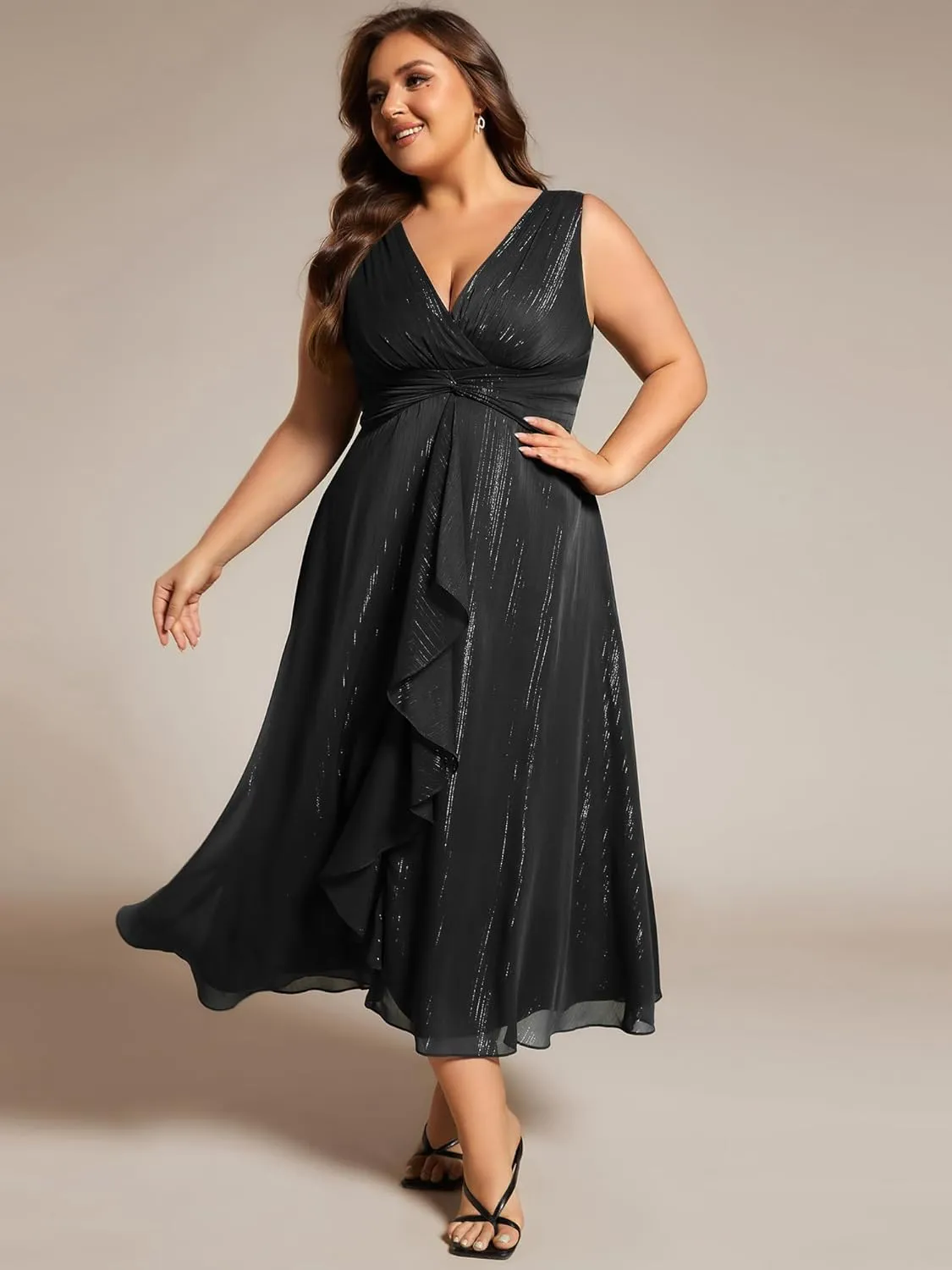 Ever-Pretty Women's Sleeveless V Neck A Line Pleated Plus Size Tea Length Wedding Guest Dresses 11977-DA