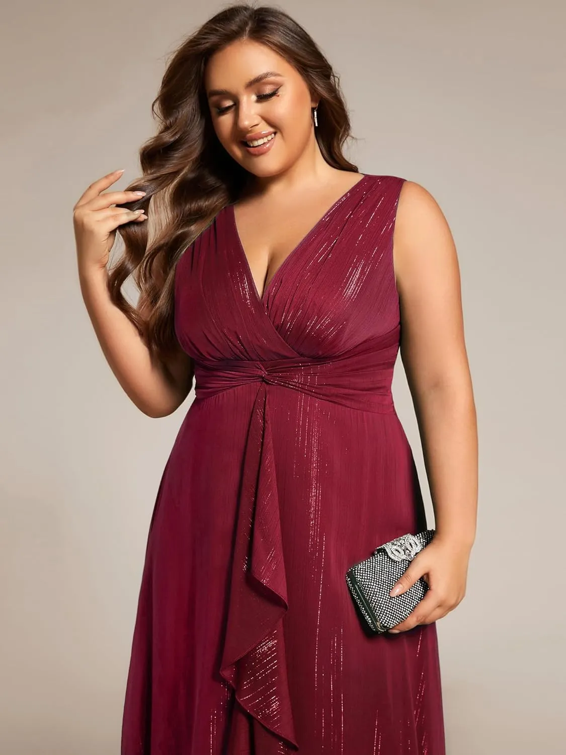Ever-Pretty Women's Sleeveless V Neck A Line Pleated Plus Size Tea Length Wedding Guest Dresses 11977-DA