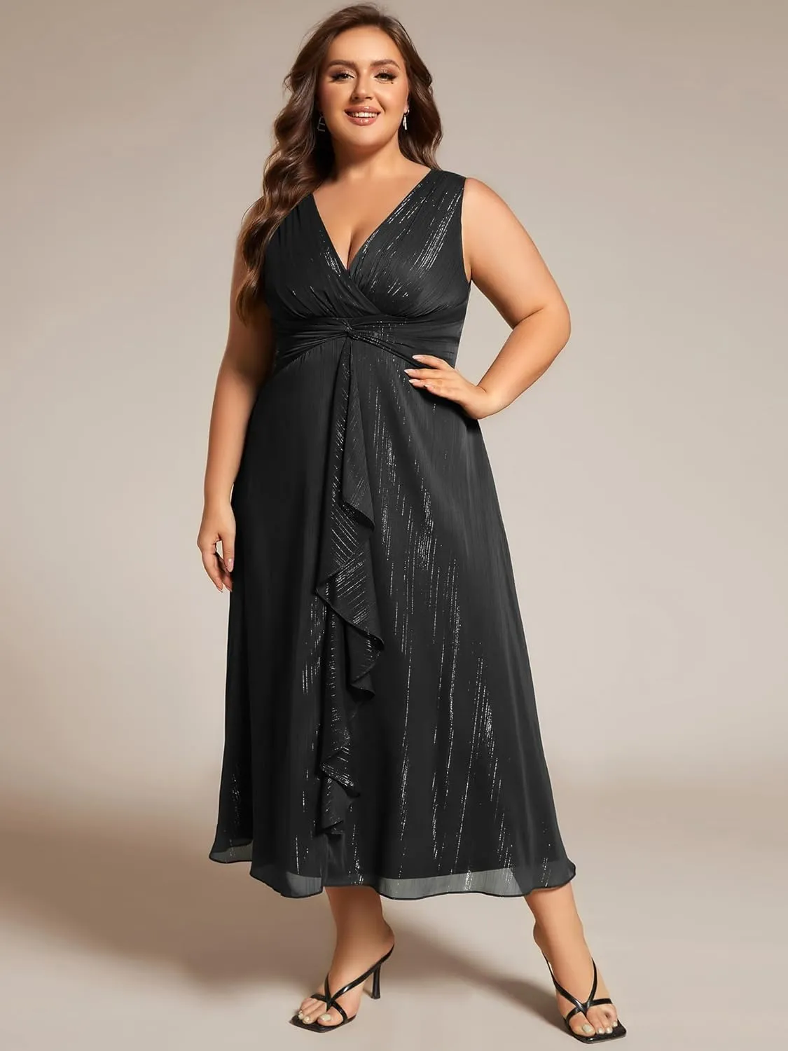 Ever-Pretty Women's Sleeveless V Neck A Line Pleated Plus Size Tea Length Wedding Guest Dresses 11977-DA
