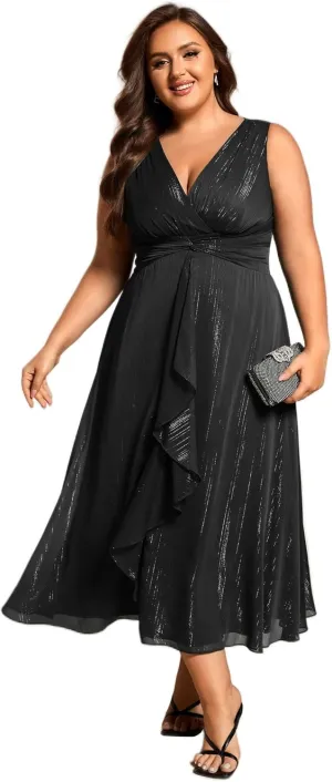 Ever-Pretty Women's Sleeveless V Neck A Line Pleated Plus Size Tea Length Wedding Guest Dresses 11977-DA