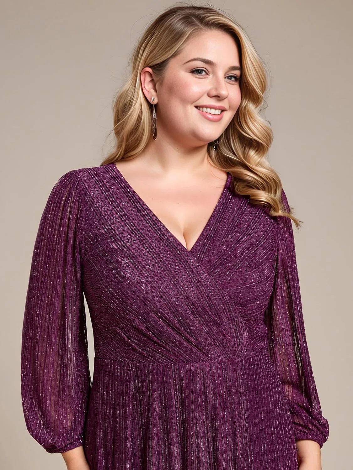 Ever-Pretty Women's Sparkling V Neck A Line Long Sleeves Knee Length Plus Size Semi Formal Dresses 02266-DAPH