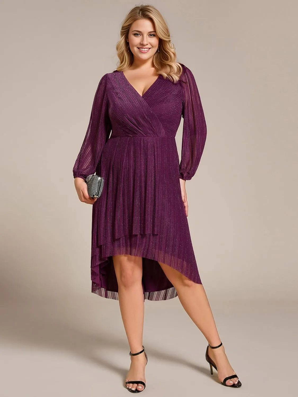 Ever-Pretty Women's Sparkling V Neck A Line Long Sleeves Knee Length Plus Size Semi Formal Dresses 02266-DAPH