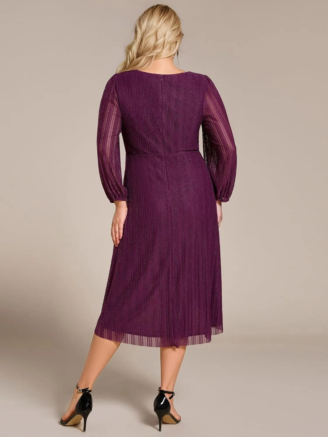 Ever-Pretty Women's Sparkling V Neck A Line Long Sleeves Knee Length Plus Size Semi Formal Dresses 02266-DAPH