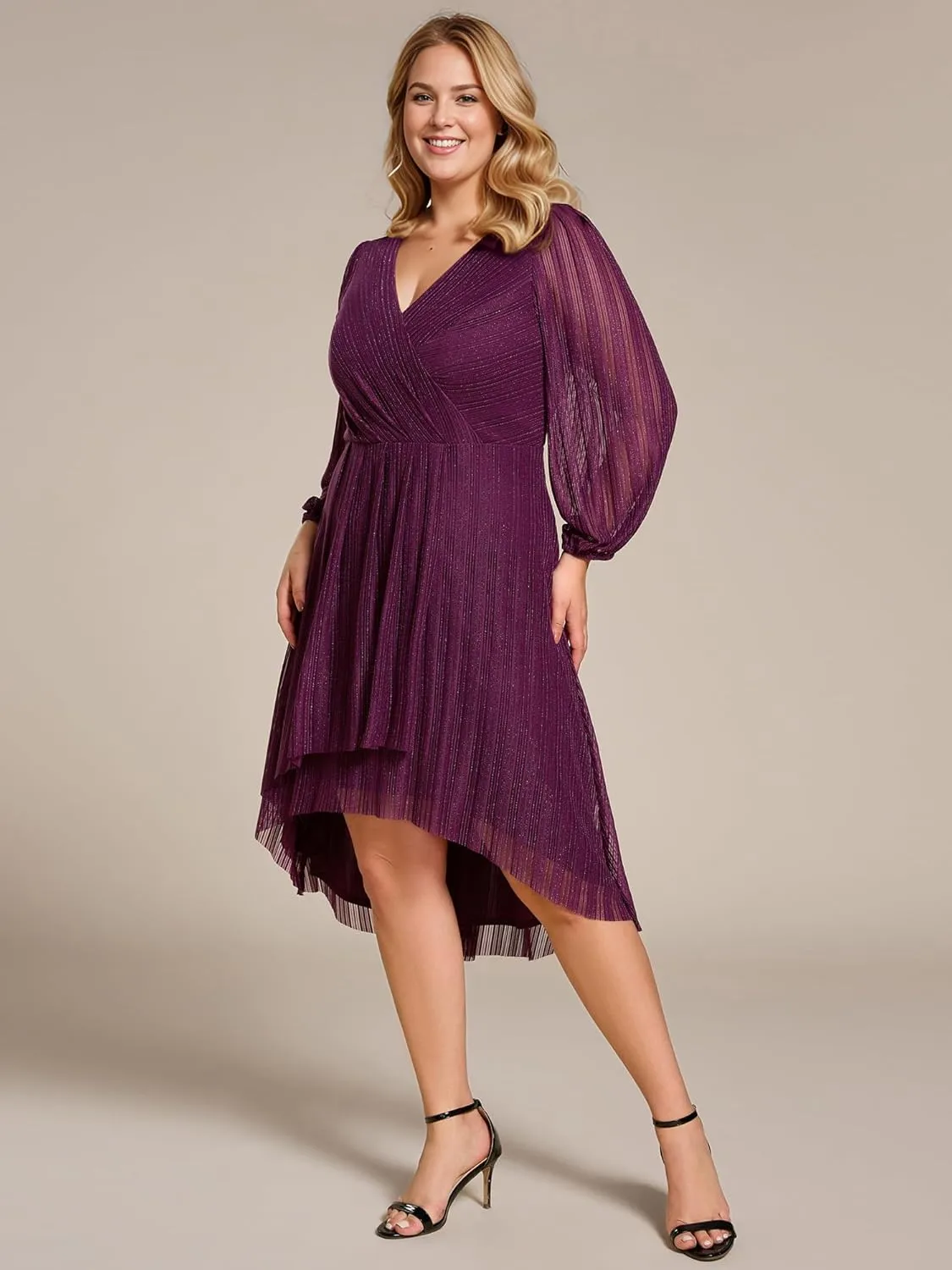 Ever-Pretty Women's Sparkling V Neck A Line Long Sleeves Knee Length Plus Size Semi Formal Dresses 02266-DAPH