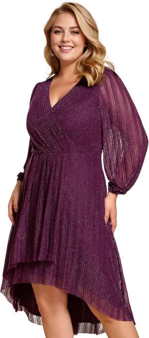 Ever-Pretty Women's Sparkling V Neck A Line Long Sleeves Knee Length Plus Size Semi Formal Dresses 02266-DAPH