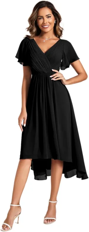 Ever-Pretty Women's Summer Chiffon Pleated V-Neck Short Wedding Guest Dress with Ruffled Sleeves 01923