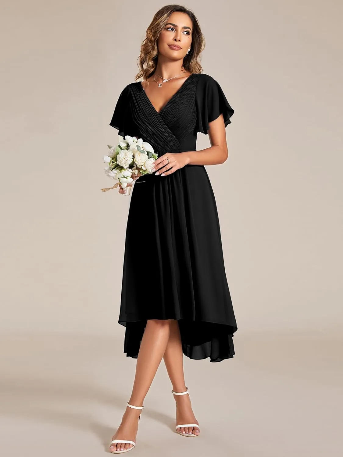 Ever-Pretty Women's Summer Chiffon Pleated V-Neck Short Wedding Guest Dress with Ruffled Sleeves 01923