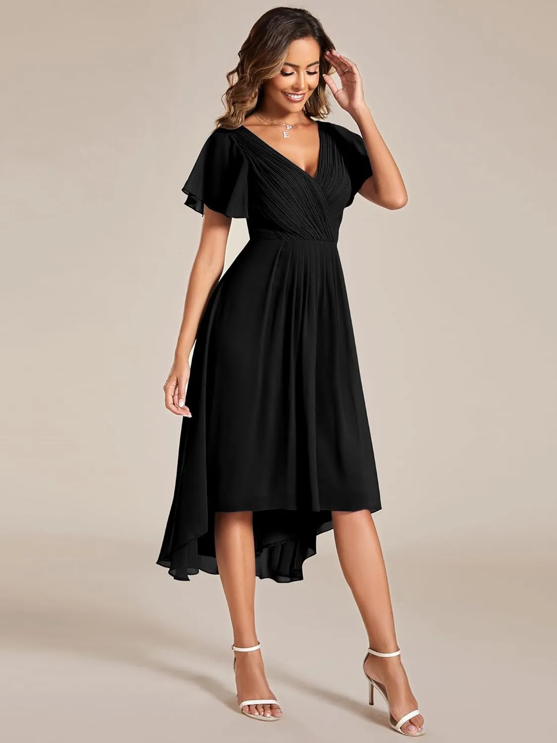 Ever-Pretty Women's Summer Chiffon Pleated V-Neck Short Wedding Guest Dress with Ruffled Sleeves 01923