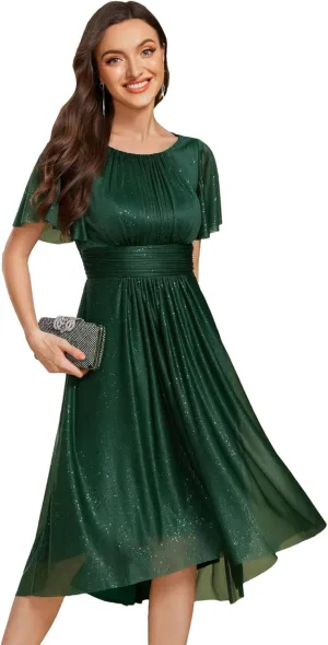 Ever-Pretty Women's Summer Glitter Crew Neck Hi-Lo High Waist Short Wedding Guest Dress 55159