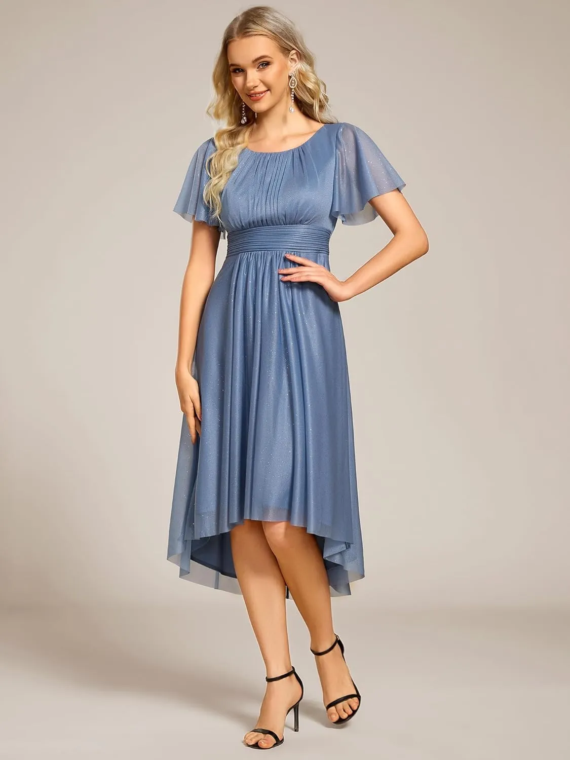 Ever-Pretty Women's Summer Glitter Crew Neck Hi-Lo High Waist Short Wedding Guest Dress 55159