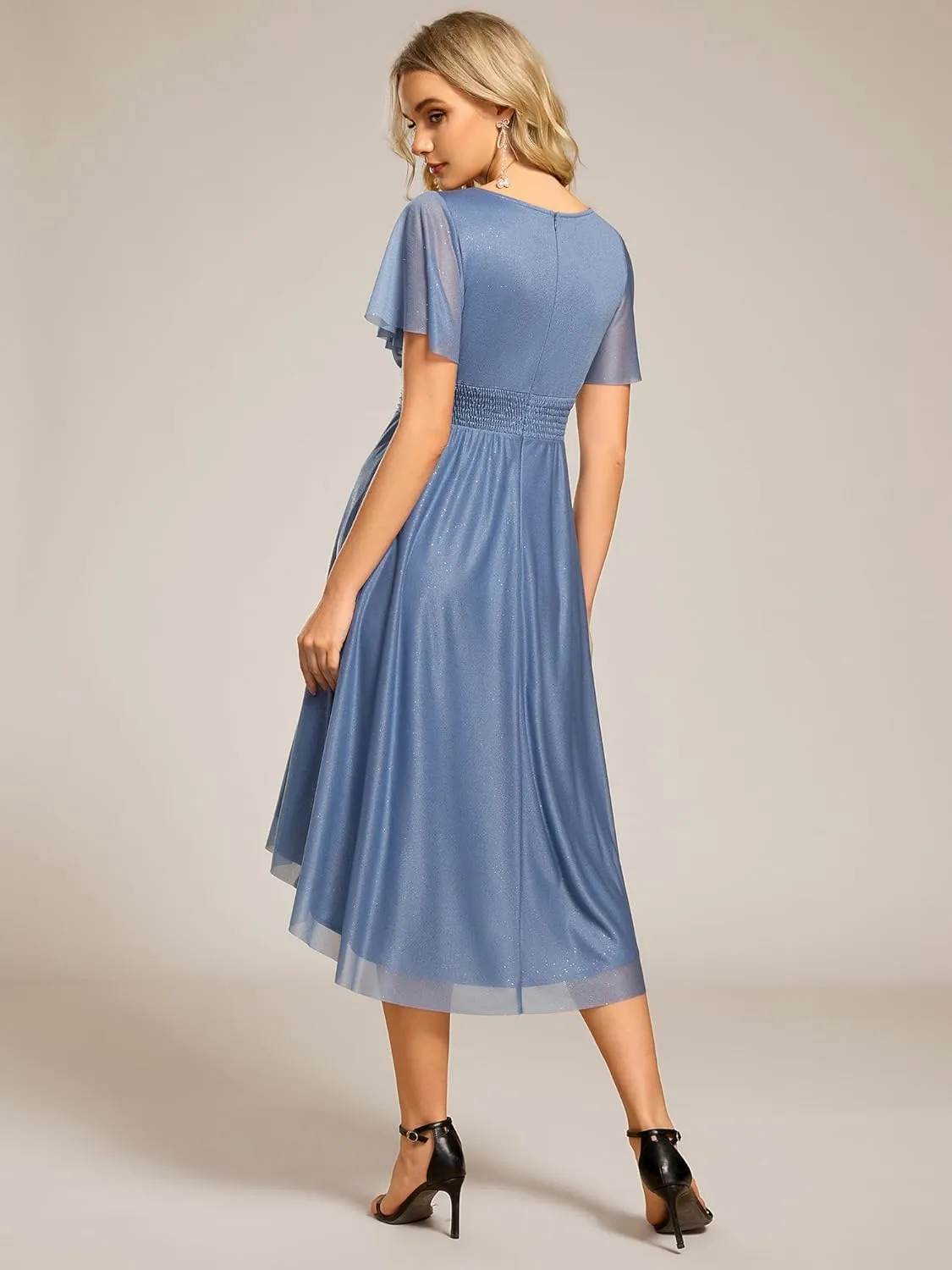 Ever-Pretty Women's Summer Glitter Crew Neck Hi-Lo High Waist Short Wedding Guest Dress 55159