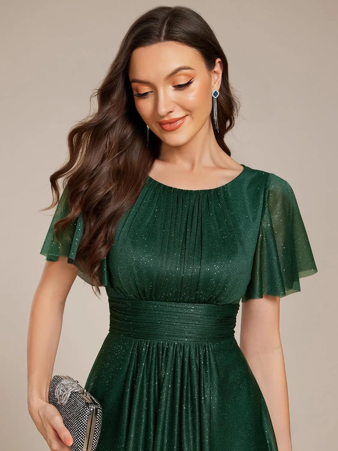 Ever-Pretty Women's Summer Glitter Crew Neck Hi-Lo High Waist Short Wedding Guest Dress 55159