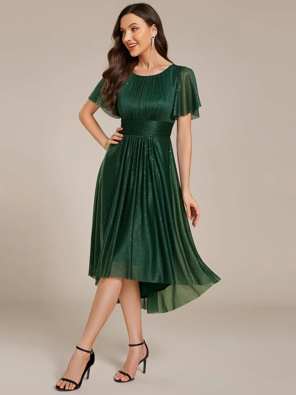Ever-Pretty Women's Summer Glitter Crew Neck Hi-Lo High Waist Short Wedding Guest Dress 55159