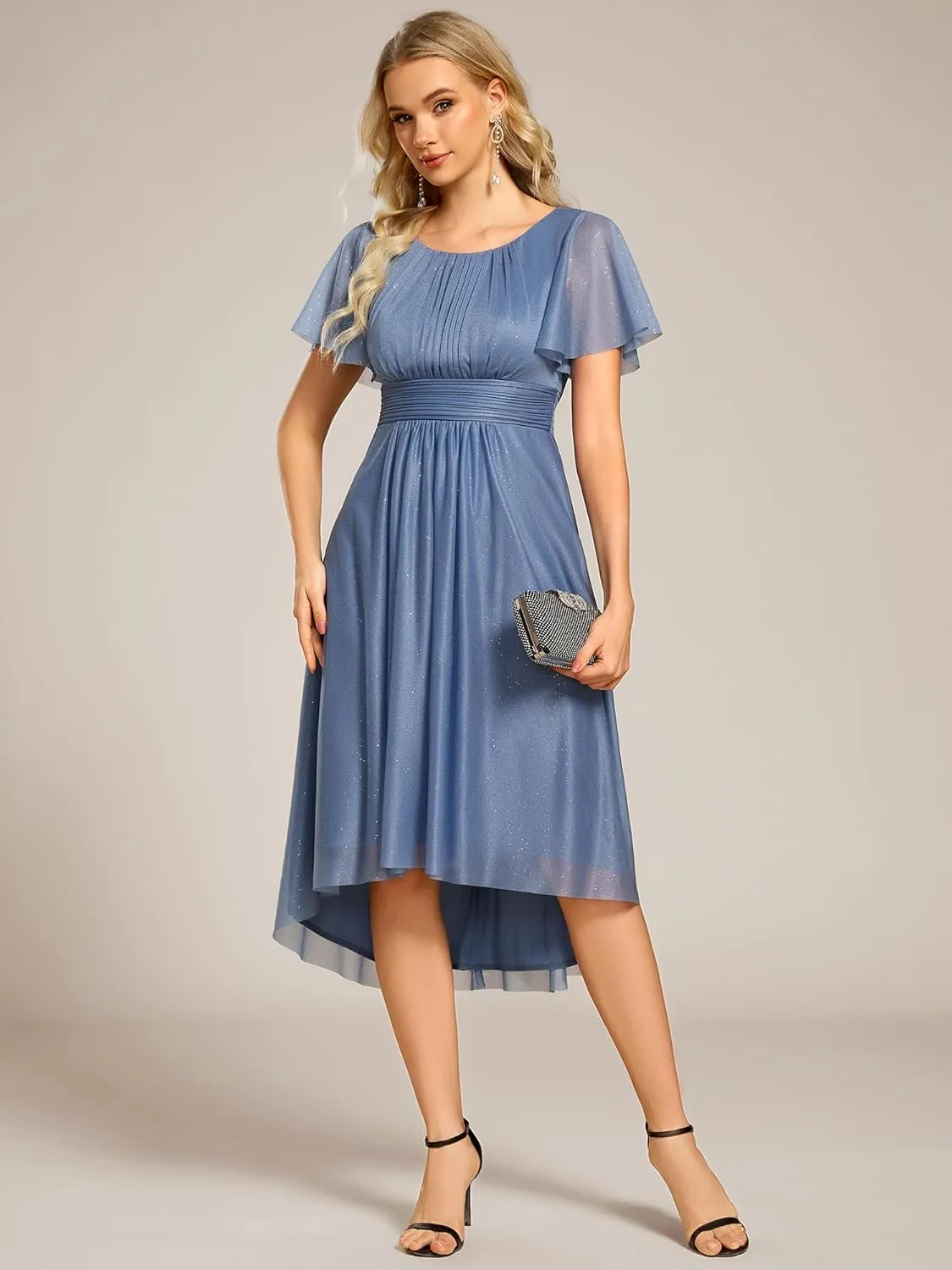 Ever-Pretty Women's Summer Glitter Crew Neck Hi-Lo High Waist Short Wedding Guest Dress 55159