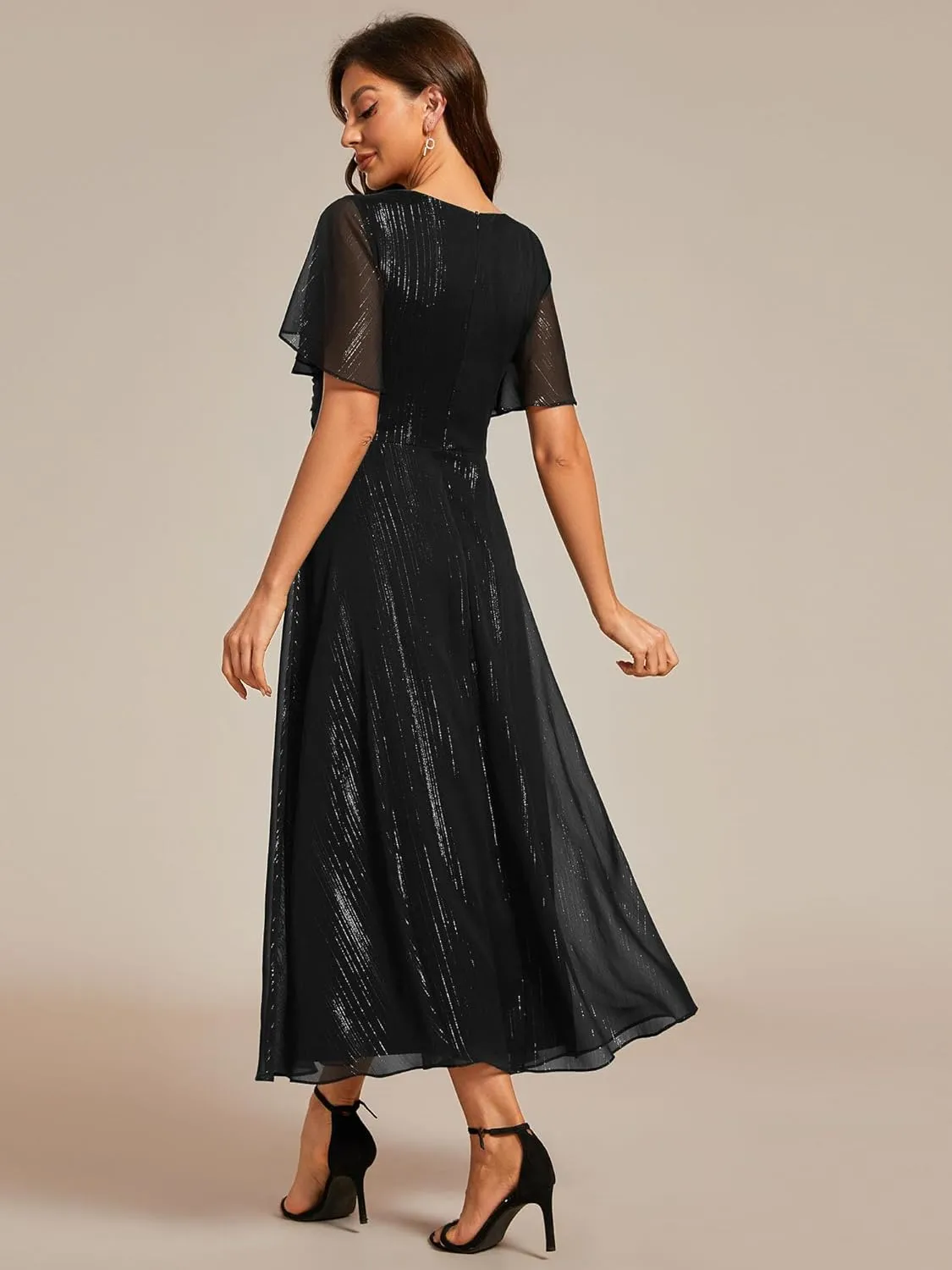 Ever-Pretty Women's Summer Glitter Knot Waist V Neck Ruffles Sleeves Pleated Wedding Guest Dress 02131