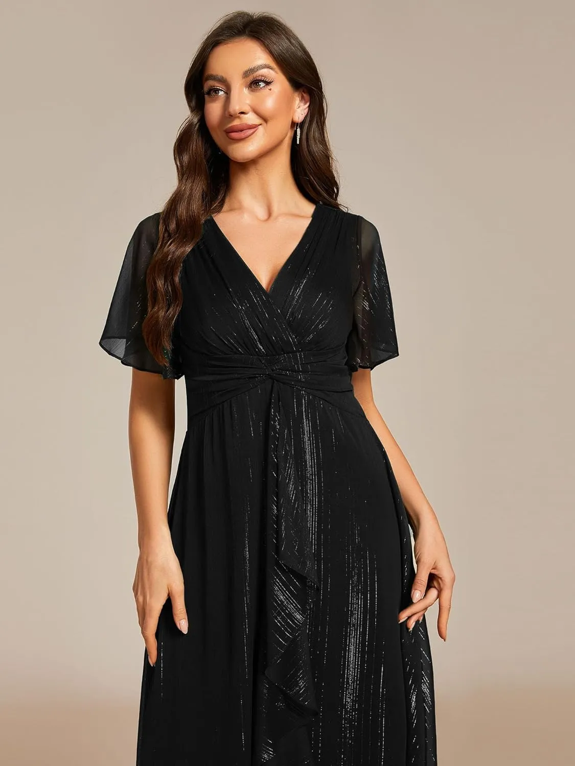 Ever-Pretty Women's Summer Glitter Knot Waist V Neck Ruffles Sleeves Pleated Wedding Guest Dress 02131